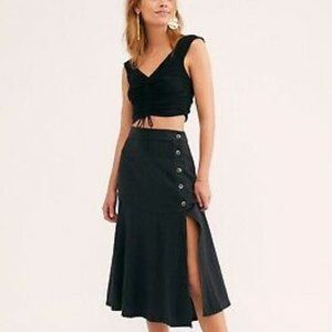 Free People Black Button-Slit Midi Skirt